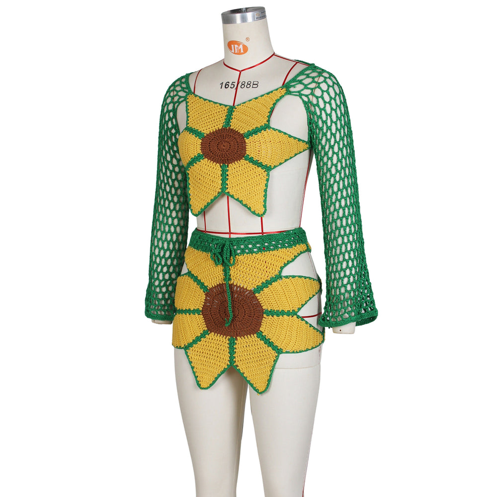 Hot-selling european and american women's beach outfit for independent stores: sexy hand-crocheted sunflower fashion set