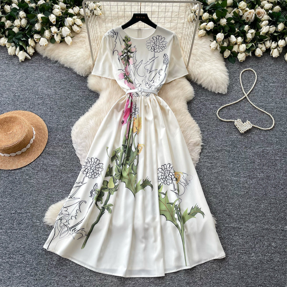 Elegant hand-painted print round neck dress - women's summer slimming a-line maxi dress