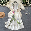 Elegant hand-painted print round neck dress - women's summer slimming a-line maxi dress