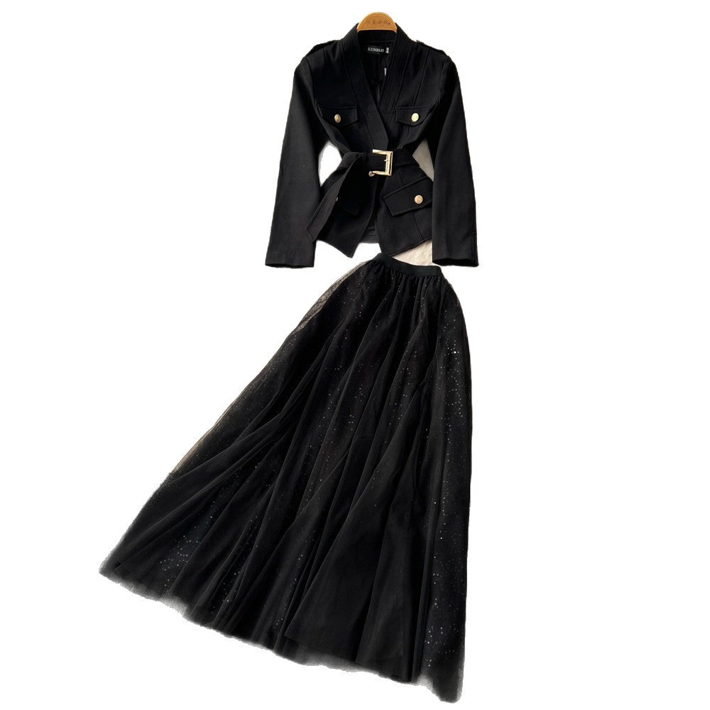 Elegant and chic chanel-inspired two-piece set: women's autumn outfit featuring a tie-waist cardigan and mesh skirt