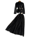 Elegant and chic chanel-inspired two-piece set: women's autumn outfit featuring a tie-waist cardigan and mesh skirt