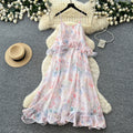 French riviera floral dress - women's summer sleeveless ruffle trim slimming maxi dress