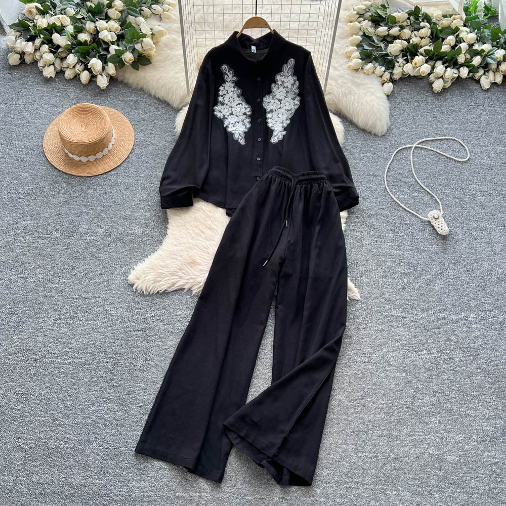 European and american style casual suit for women - autumn collection: heavily embroidered beaded mesh panel long sleeve loose-fit shirt with high-waisted wide-leg pants