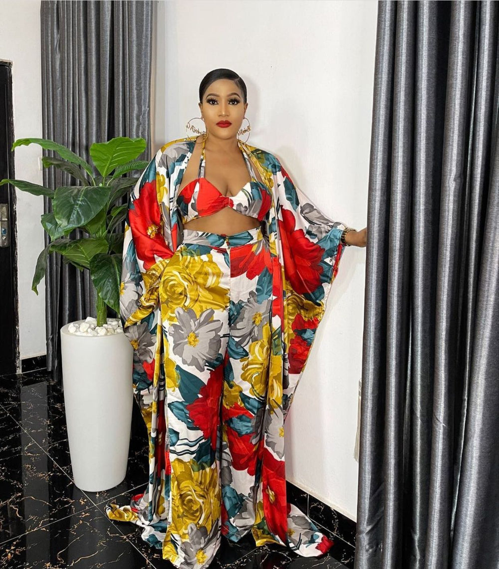 Special offer fashion digital printing loose robe with loosepants including bra and headscarf 4-piece set for african women