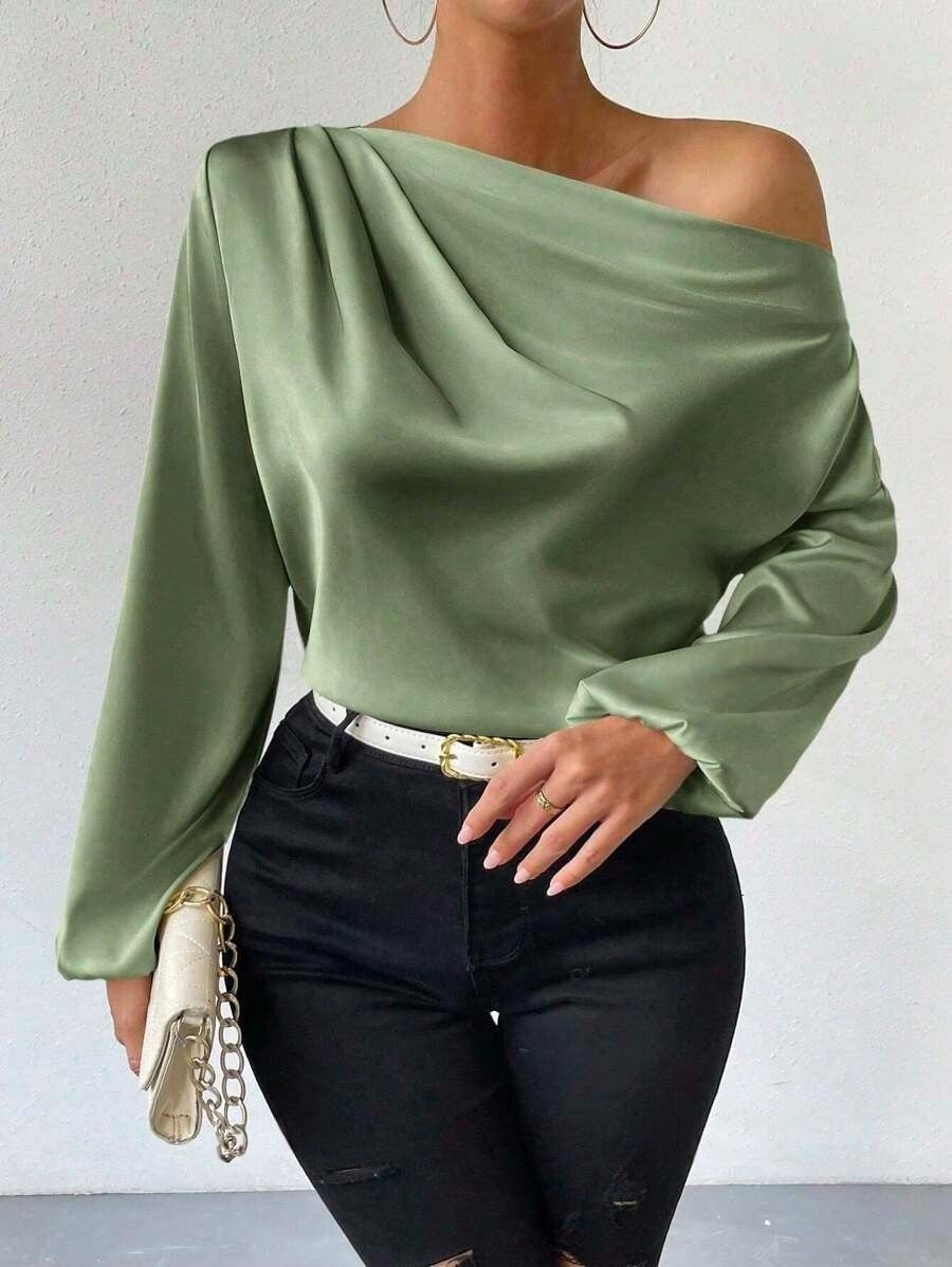 Asymmetrical long sleeve blouse - women's off-the-shoulder pullover top -  cross-border fashion - solid color satin long sleeve shirt