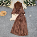 Minimalist solid color elegant women's spring outfit: bubble sleeve tie-up blouse + elastic waist slimming midi skirt