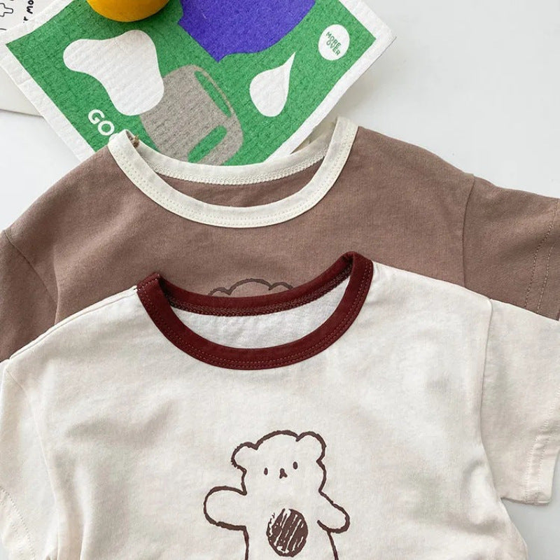 Korean style summer two-piece set for baby boys and girls - cute cartoon waving bear short-sleeve and shorts loungewear set