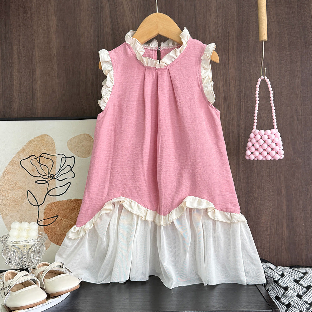 new girls' korean style tank dress - trendy kids' skirt with mesh patchwork, sweet and cute princess dress wholesale
