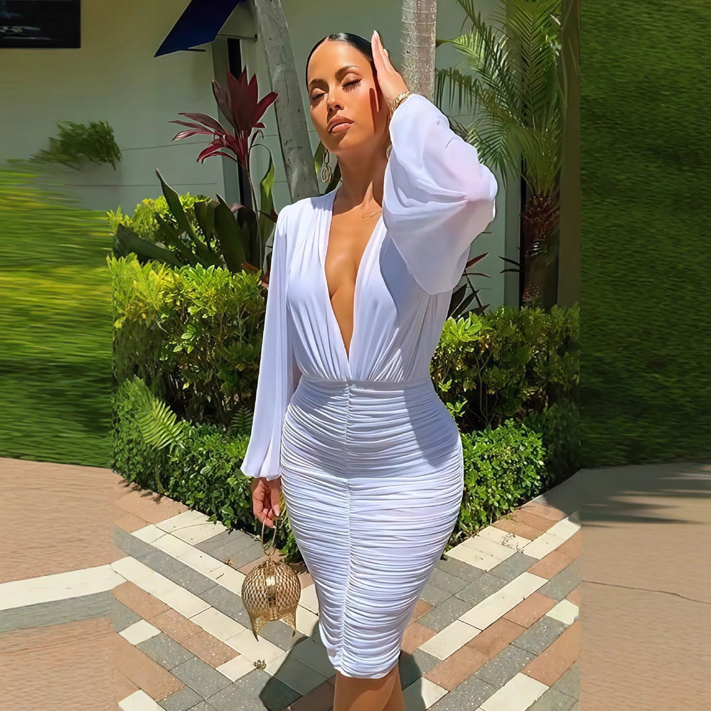 European and american cross-border women's fashion:  autumn new arrival - solid color long sleeve deep v-neck cinched waist ruched slim fit maxi dress
