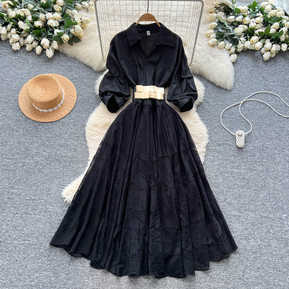 French chic lantern sleeve patchwork midi dress with embroidered mesh detail - summer luxury women's dress