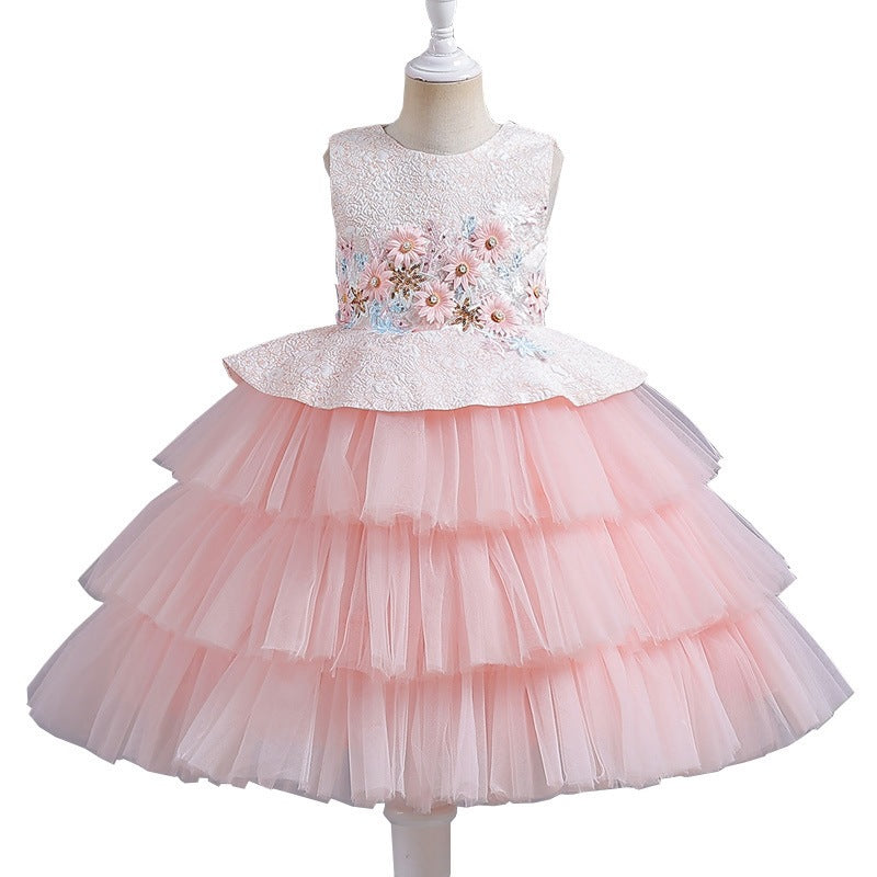 Cake skirt dinner princess skirt mesh flower girl dress girl dress skirt puffy host dress sleeveless short