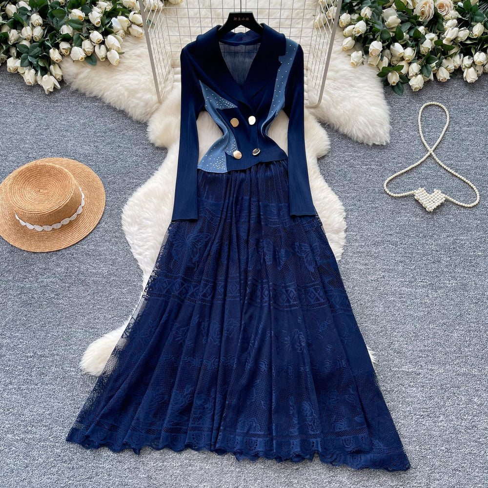 French romantic style blazer collar lace dress - women's summer slimming pleated flowy maxi dress - commute chic & elegant