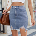 Fashion cross-border summer women's clothing new arrival   washed ripped denim skirt raw edge skirt trendy