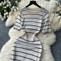 Summernew arrivalniche styleretrocontrast colorstripesknittingdressfemale socialite silmslimming lookround neck short-sleeved long skirt
