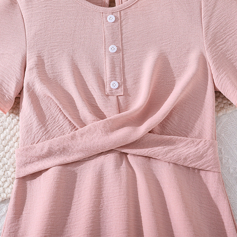 hot-selling girls' clothing,  spring/summer new arrivals: elegant and chic solid color, minimalist short-sleeved, cinched-waist, flared dress