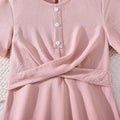 hot-selling girls' clothing,  spring/summer new arrivals: elegant and chic solid color, minimalist short-sleeved, cinched-waist, flared dress
