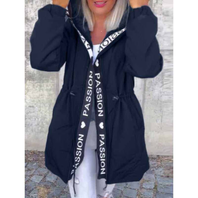 fashionwinternew arrivalcasual hooded drawstring zipper flap pocket pantsletter cotton jacketoutwear women's clothing