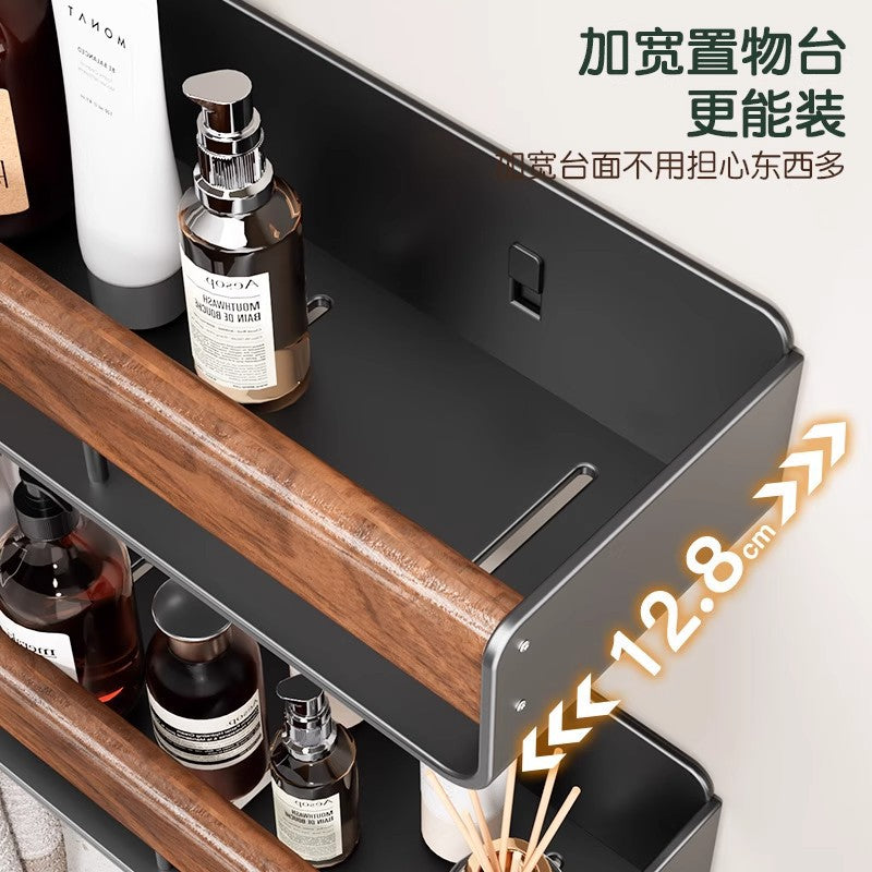 Walnut bathroom storage rack - no drilling required, wall-mounted organizer for vanity, sink, toilet, and bathroom accessories