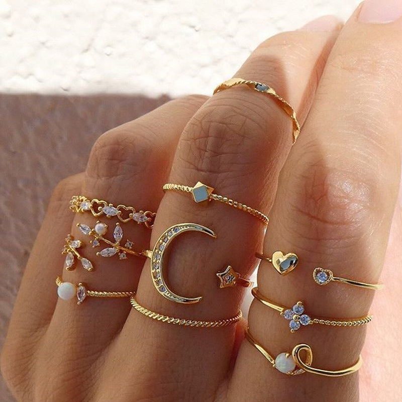 Wholesale full diamond rings: european and american cross-border jewelry, trendy ins style star rings, women's niche light luxury ring sets and accessories