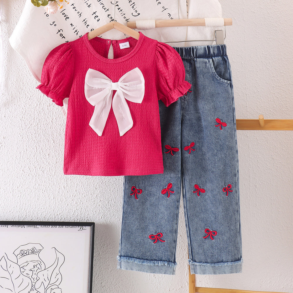 european and american girls' rose red short-sleeved tops + blue trousers two-piece set