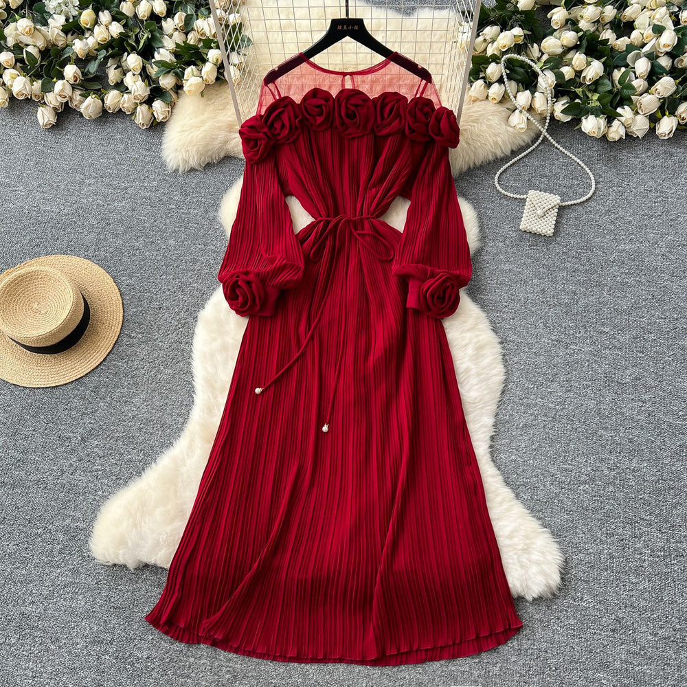 new european and american fashion heavy-duty 3d floral see-through mesh panel long sleeve cinched waist pleated dress for women