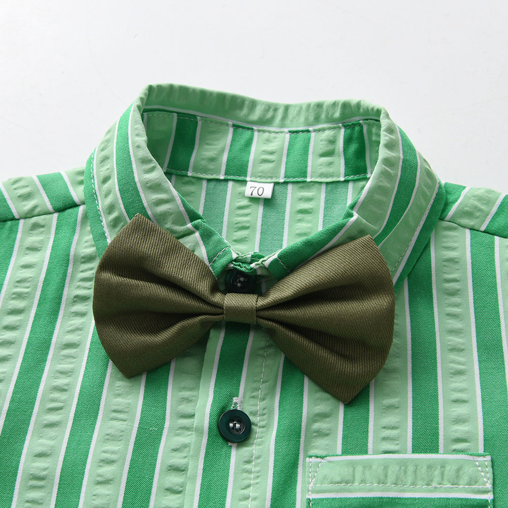 First birthday outfit for baby boys: british gentleman style short-sleeve set - boys' striped shirt and pants set
