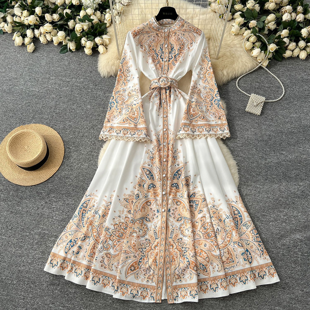 French retro floral print flared sleeve dress - women's spring belted single-breasted design, luxe & elegant maxi dress