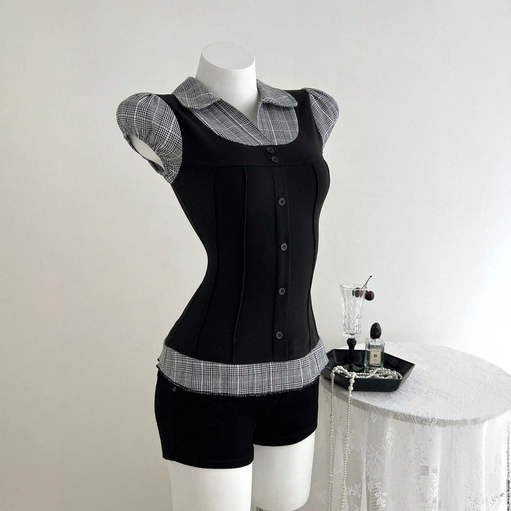 G1 - in-stock 73633#  cross-border european and american plaid color block faux two-piece slimming women's short-sleeve t-shirt