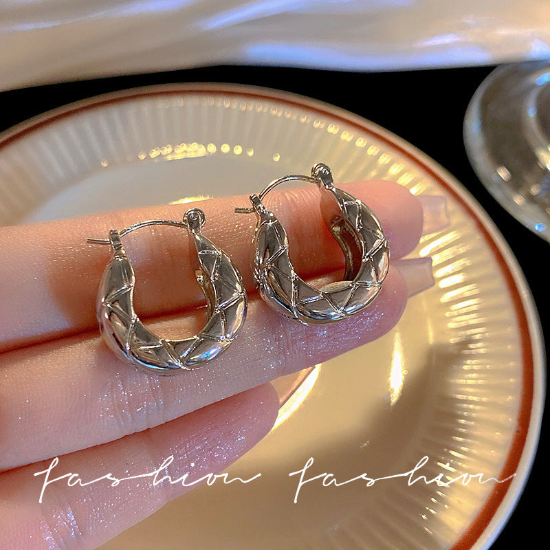 925 silver needle hong kong style retro metal earrings for women classy geometric plain hoop earrings easiest for match exaggerated work clothing earrings