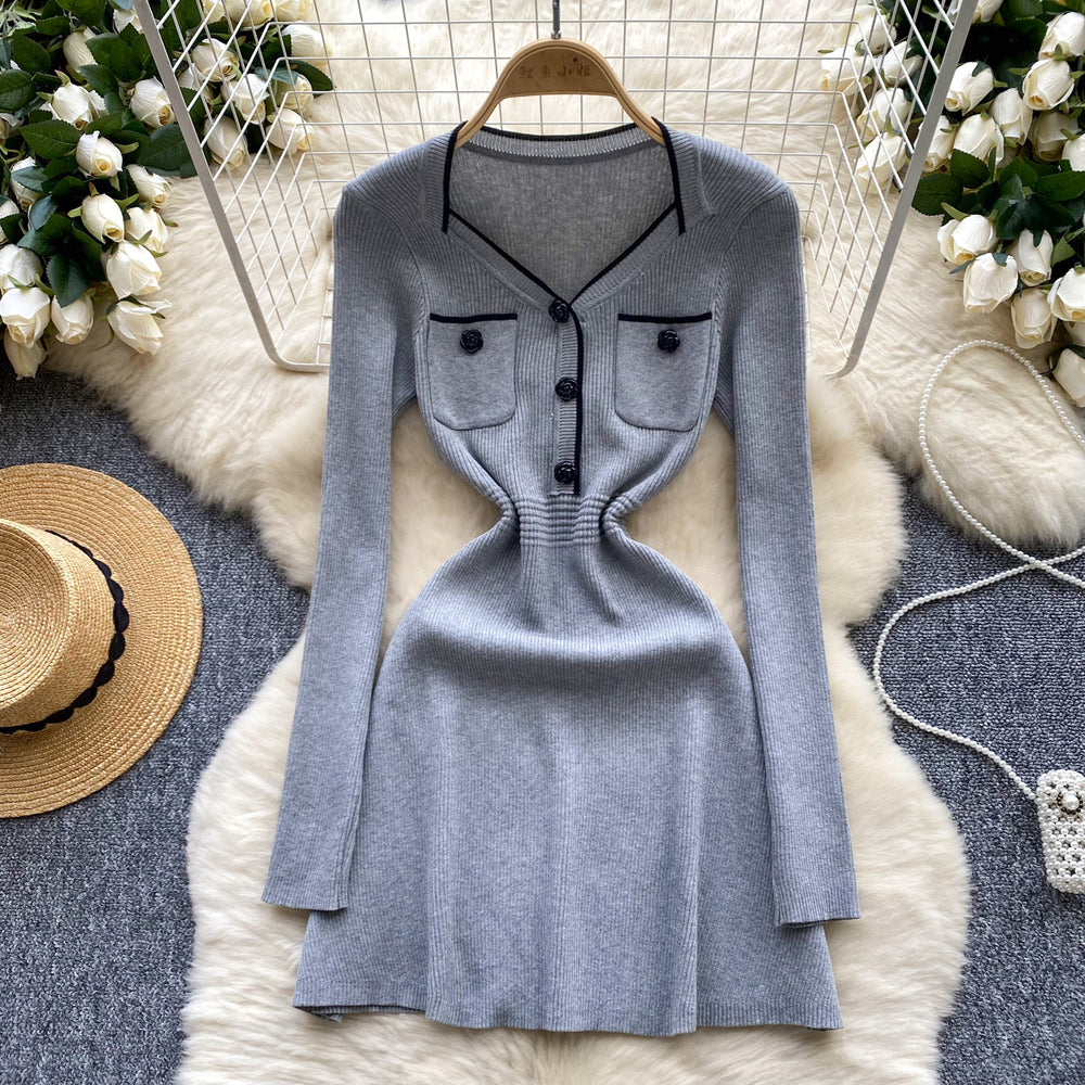 Luxury chic knit dress for women - autumn/winter, slimming waist design, unique and stylish, mature and elegant midi dress