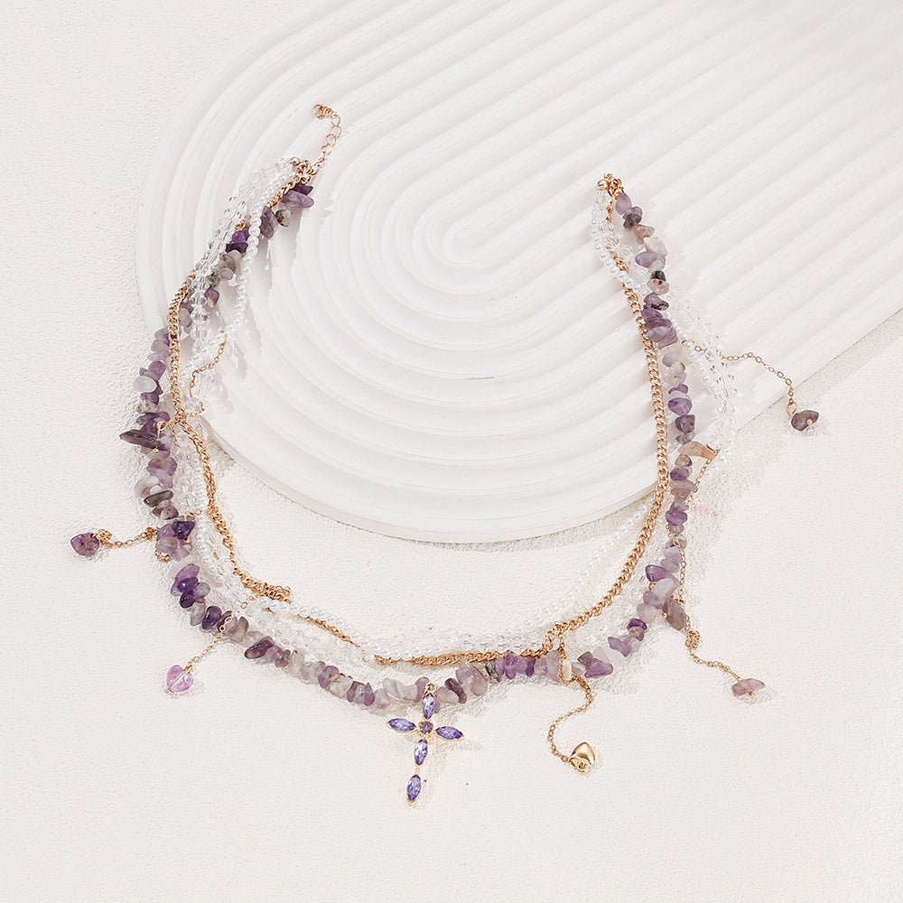 European and american cross tassel beaded necklace - women's mystical, niche, high-end purple crushed stone wrap choker