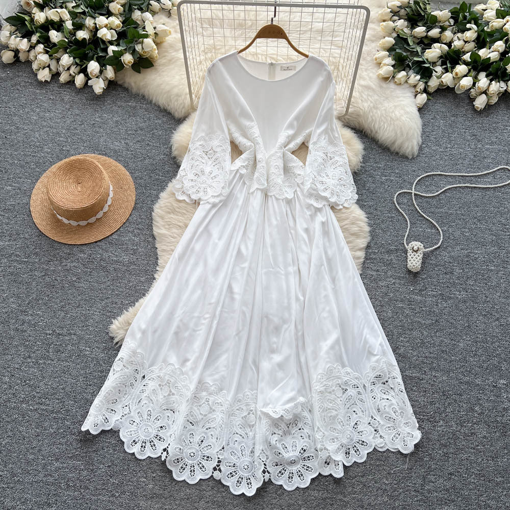 French court style three-quarter sleeve dress - women's summer mesh hollow-out crochet design, elegant flowy maxi dress