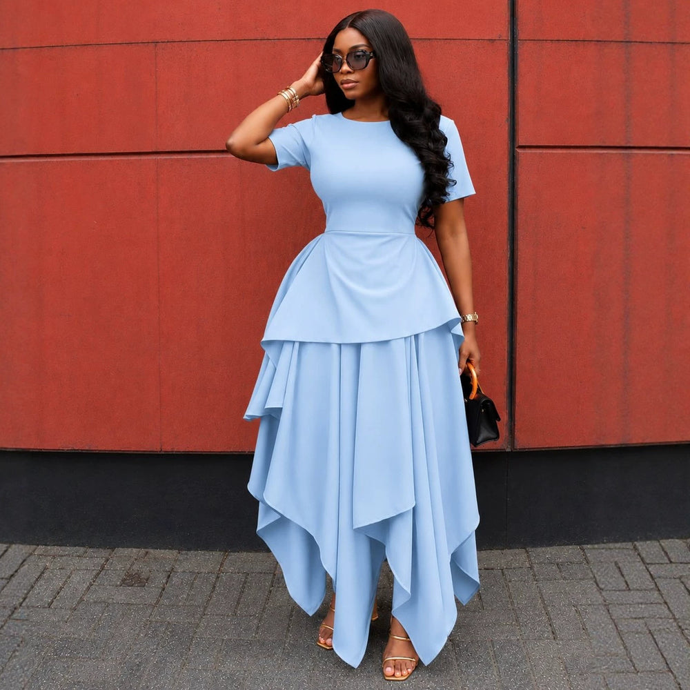 European and american women's clothing  autumn new collection: sweet and fresh round neck short sleeve high waist slimming irregular maxi dress