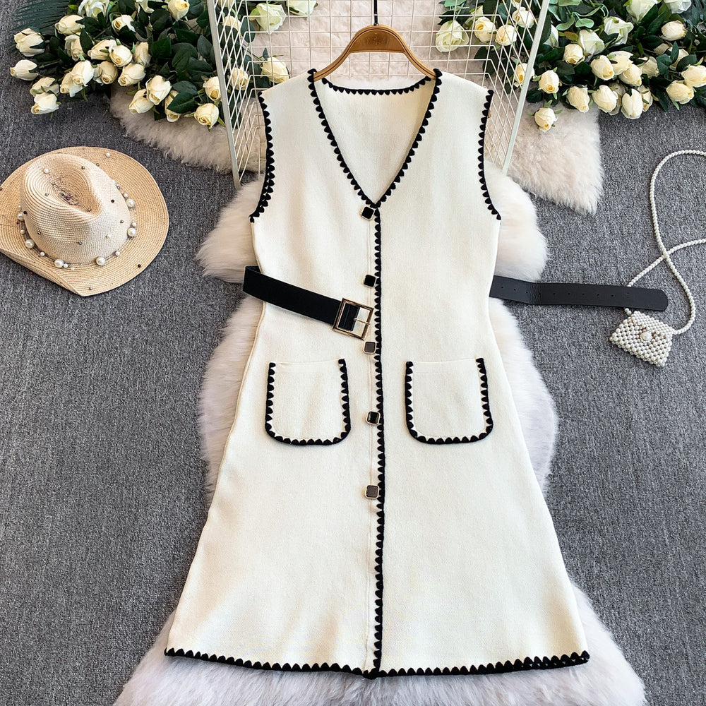 Xiaoxiangfengv neckknitting shirt vest dressfemaleautum waist slimming lookeleganttwo-piece setsuit skirt