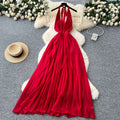 Vacation-style dress  summer french chic v-neck halter neck tie waist elegant backless chiffon maxi dress