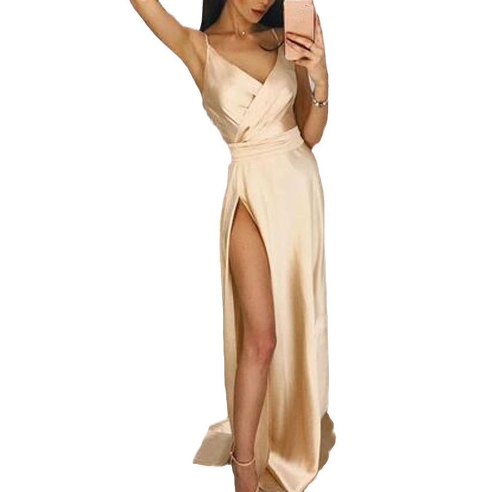 summer new arrivals: european and american style sexy v-neck cami dress with slit and floor-length skirt - evening gown