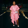 European and american cross-border women's fashion:  summer new collection - stylish round neck plaid cropped top and asymmetrical midi skirt set