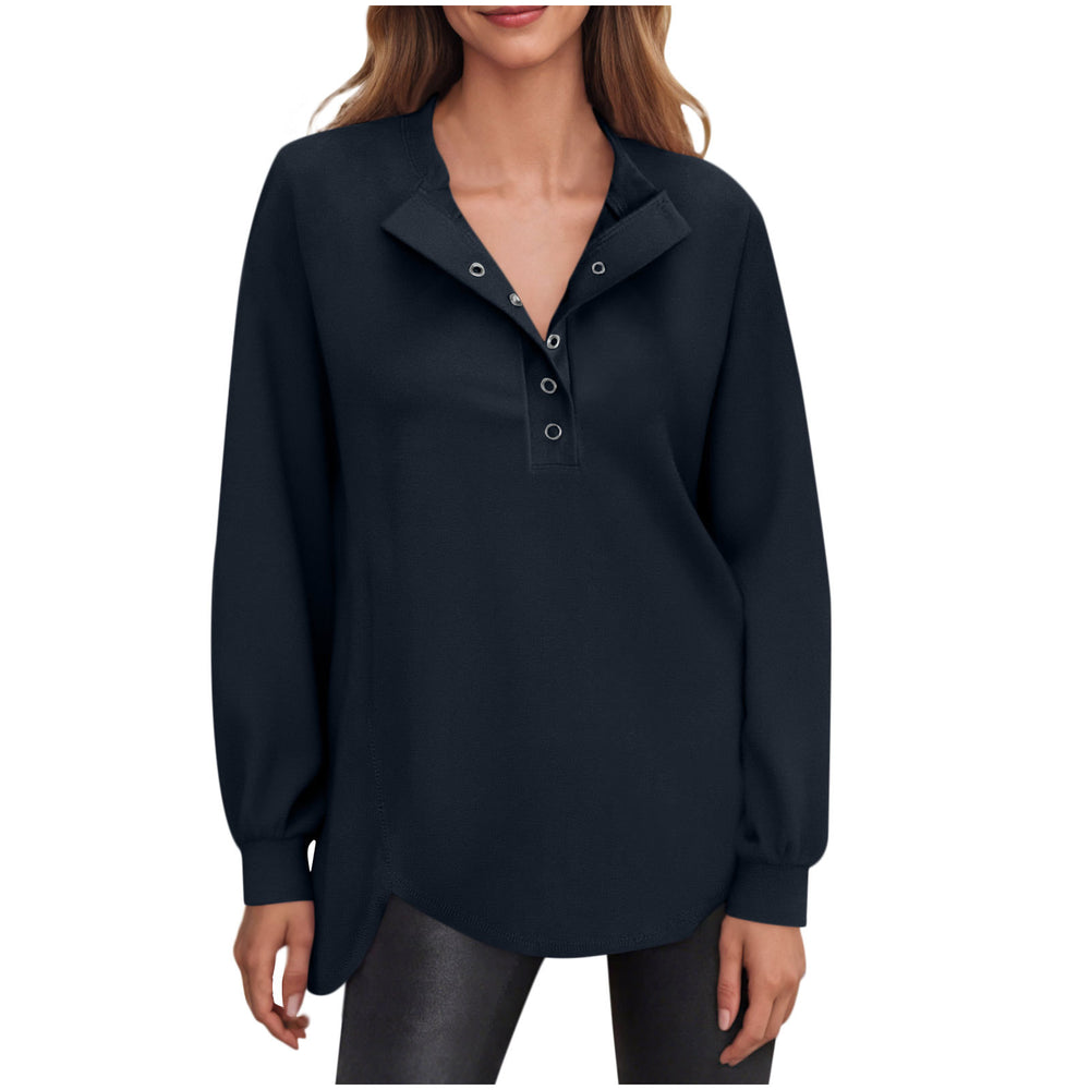 cross-border women's fashion casual solid color crew neck button-down long sleeve top hoodless sweatshirt