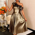 New arrival: asymmetrical neckline one-shoulder evening gown - elegant shiny ruffle collar party dress