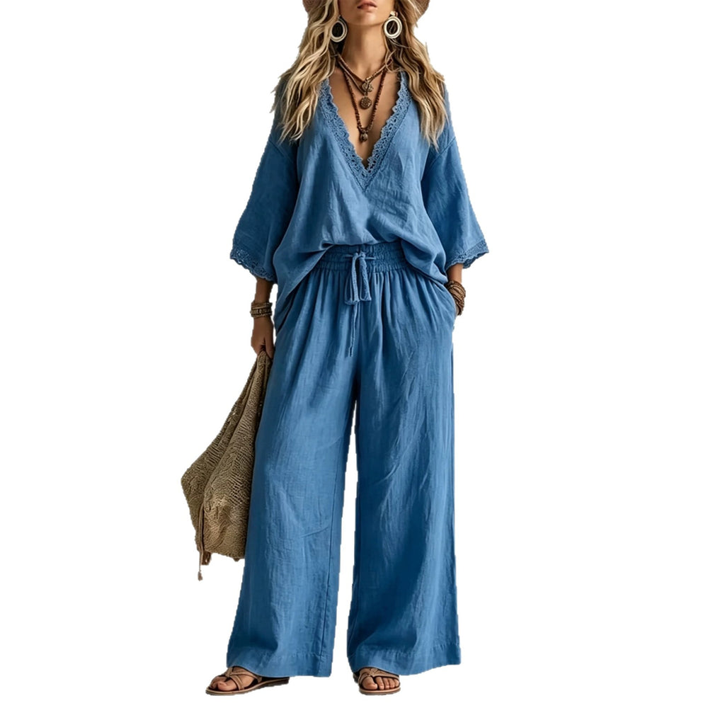 European and american cross-border e-commerce women's new bohemian style lace-trimmed v-neck top and wide-leg pants two-piece set
