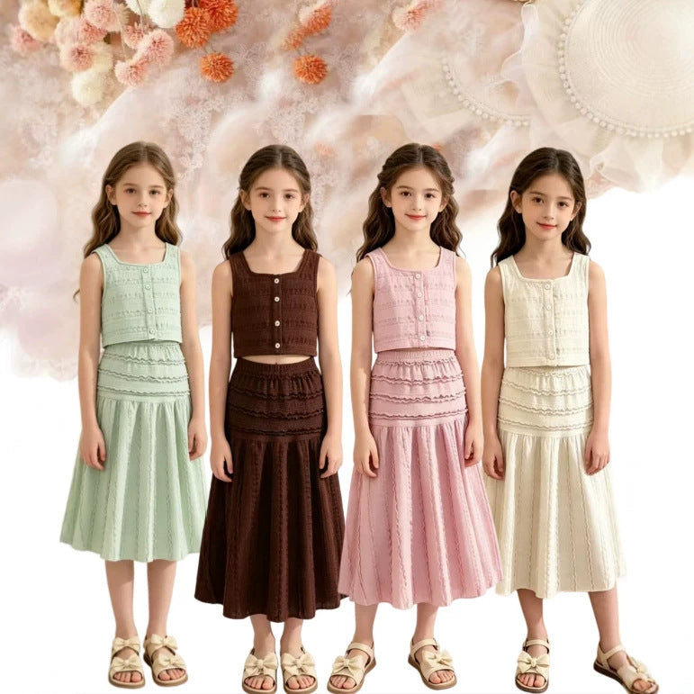 spring/summer girls' outfit: fresh & chic sleeveless top with ruched midi skirt set