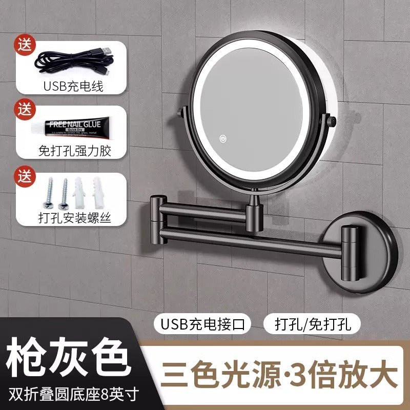 Perforated magnifying glass bathroom with light makeup mirror high definition led free foldable dressing mirror wall hanging telescopic bathroom