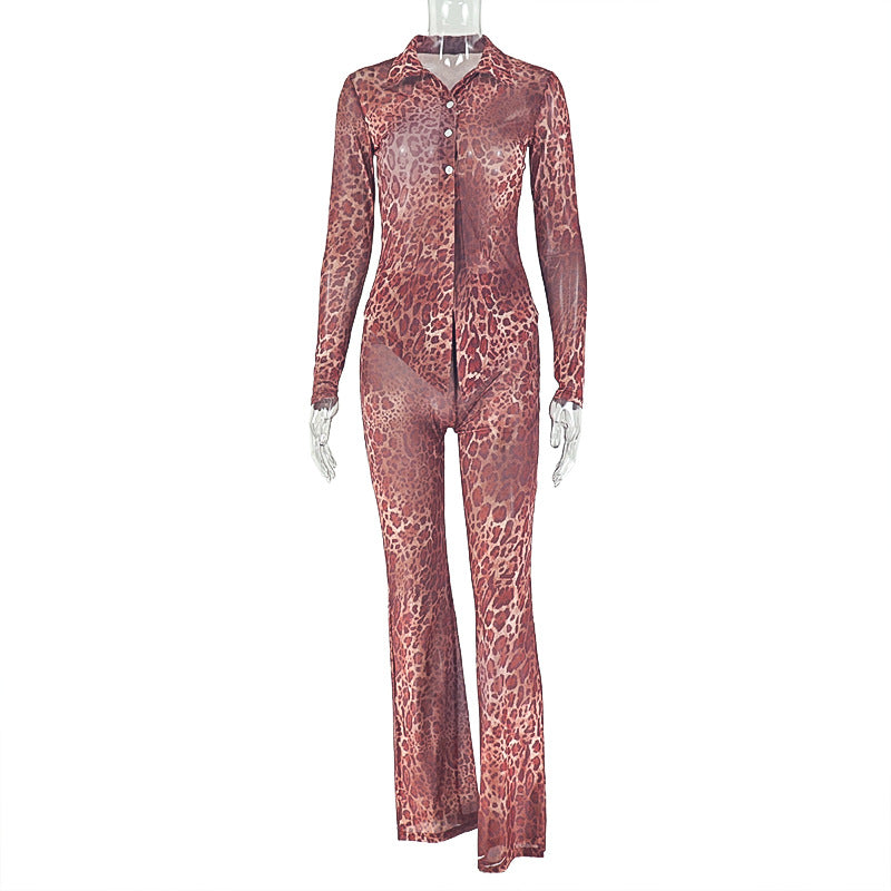 European and american style cross-border women's button-up leopard print pant set with cardigan, cinched waist top, loose fit, comfortable and trendy two-piece outfit