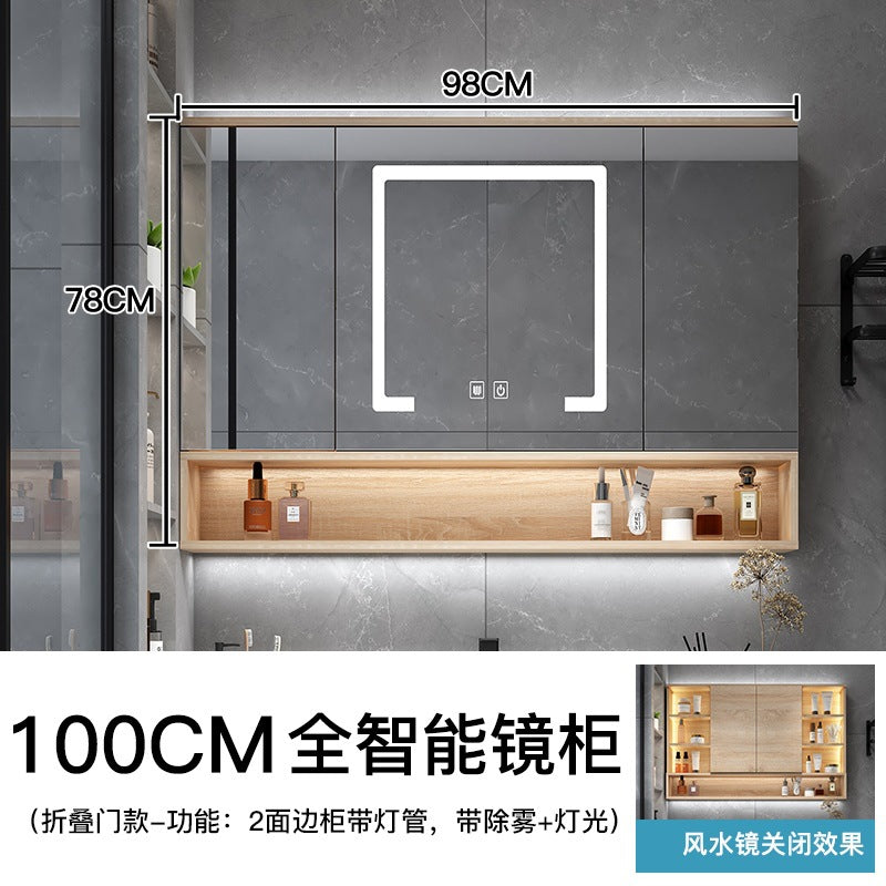 Paint-free solid wood bathroom intelligent hidden folding feng shui mirror cabinet with separate lamp storage rack manufacturer supply