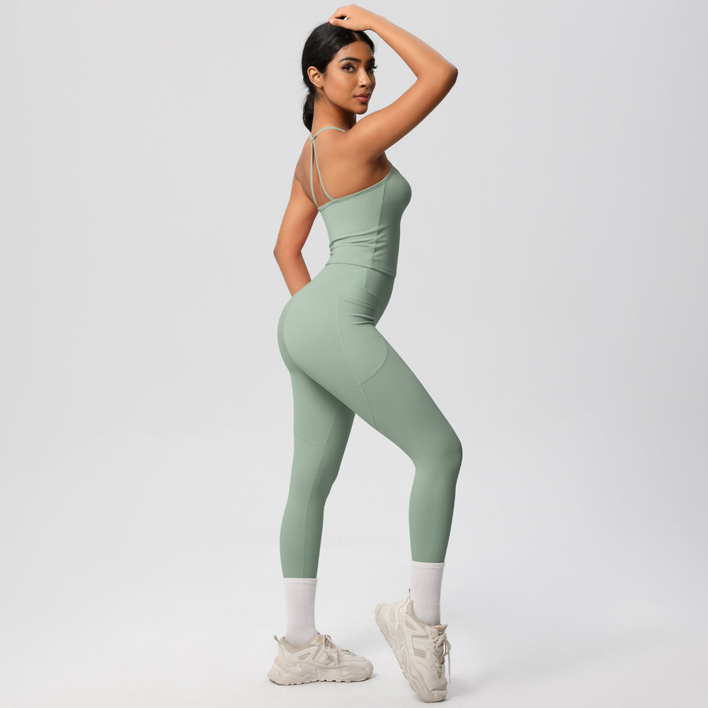 New arrivalpure color sling beautiful back yoga clothes hip pocket tights sports suit cloud-like quick-drying fitness clothes for women