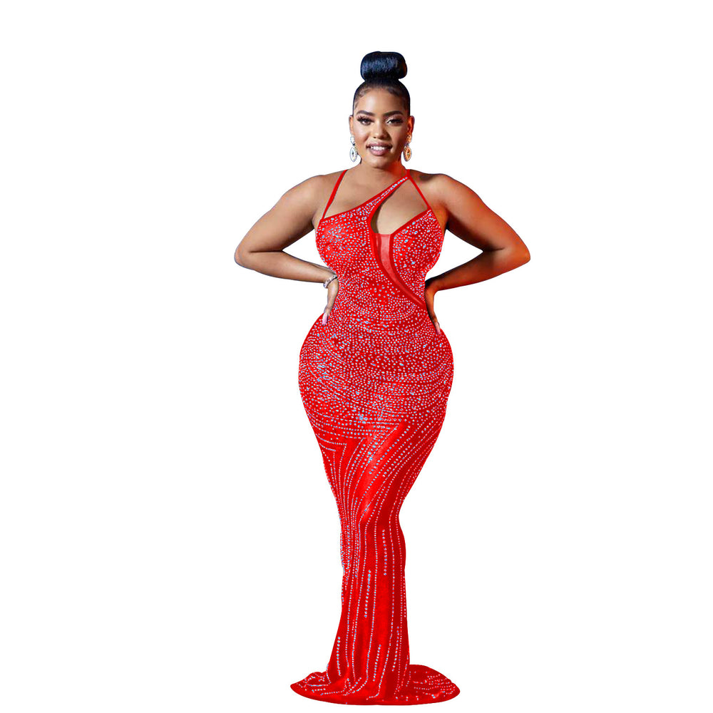 C6075 cross-border   fashion women's mesh rhinestone sleeveless v-neck maxi dress