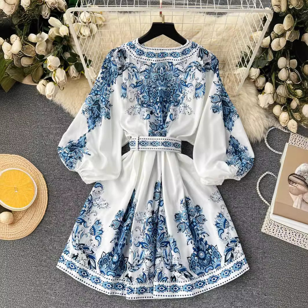 European and american retro court style high-end printed v-neck lantern sleeve cinched waist slimming elegant single-breasted socialite dress