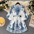 European and american retro court style high-end printed v-neck lantern sleeve cinched waist slimming elegant single-breasted socialite dress