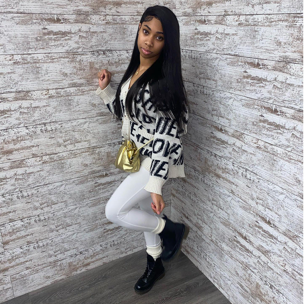 European and american cross-border women's clothing:  &  winter new arrivals - casual, loose-fit, letter print cardigan knit sweater tops