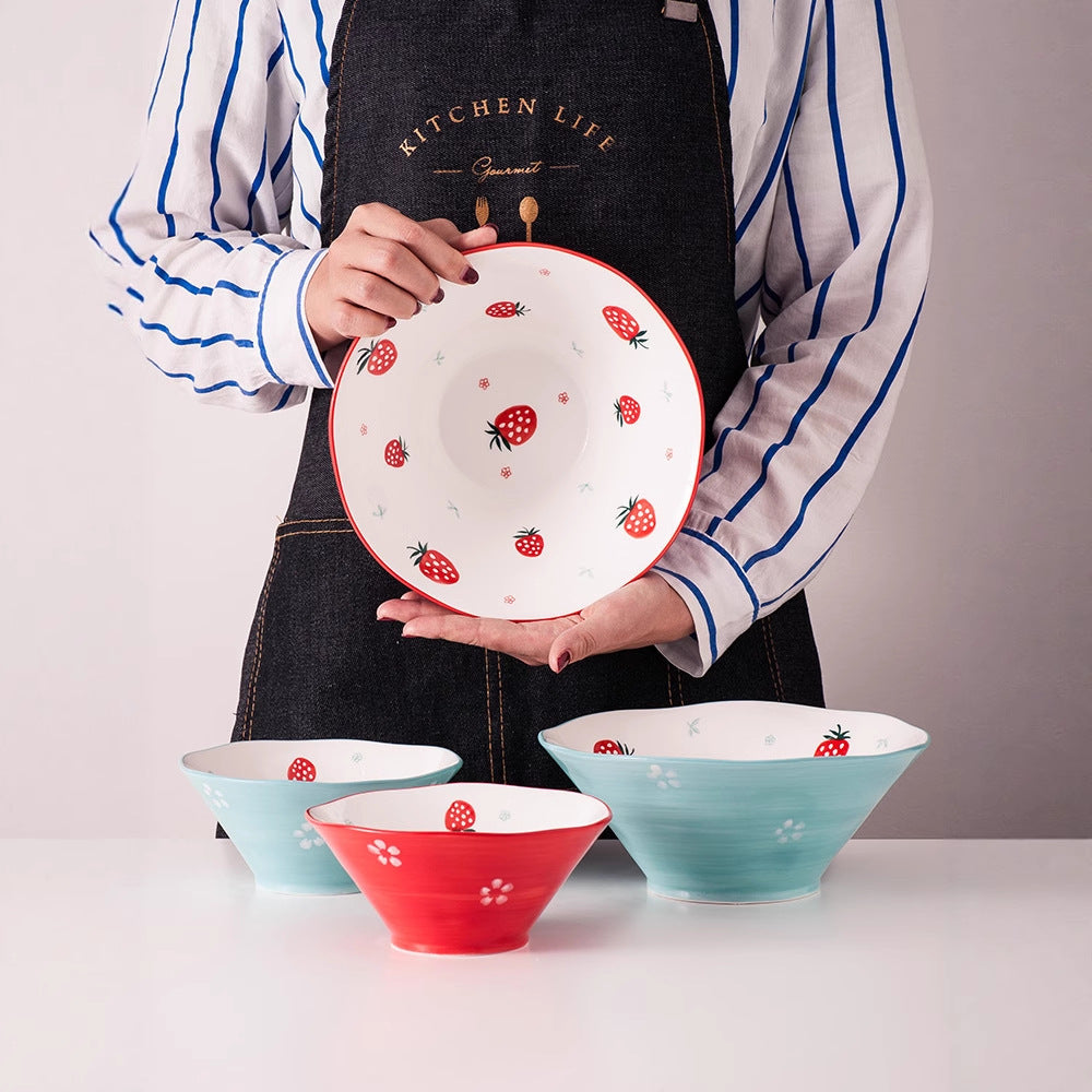 Strawberry bowl single for home creative ceramic instant noodle soup bowl japanese style cute girl popular salad dessert hat bowl